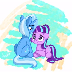 Size: 2048x2048 | Tagged: safe, artist:anderdragon76, artist:anderdraws, derpibooru import, starlight glimmer, trixie, pony, unicorn, duo, duo female, female, horn, lesbian, looking at each other, looking at someone, looking down, looking up, lying down, mare, open mouth, open smile, prone, shipping, simple background, sitting, smiling, startrix, white background
