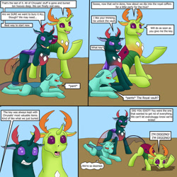 Size: 1280x1280 | Tagged: safe, artist:termyotter, derpibooru import, cornicle, pharynx, thorax, changedling, changeling, atg 2022, brothers, changedling brothers, dialogue, digging, king thorax, male, newbie artist training grounds, prince pharynx, realization, siblings, speech bubble, thought bubble