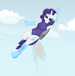 Size: 1280x1303 | Tagged: safe, artist:beesworldooo, derpibooru import, rarity, anthro, unicorn, clothes, female, flying, jetpack, leotard, sky, sky background, smiling