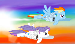 Size: 1280x761 | Tagged: safe, artist:techknowman1010, derpibooru import, rainbow dash, rarity, alicorn, pegasus, pony, alicornified, duo, duo female, fast, female, grin, jetpack, mare, race swap, raricorn, smiling, sonic boom, sonic rainboom