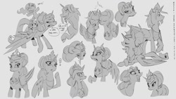 Size: 1113x626 | Tagged: safe, artist:harmonize entertainment, artist:ruffu, derpibooru import, princess celestia, princess luna, black and white, cewestia, equestrian tales, family photo, female, filly, foal, grayscale, lady dawn, lineart, monochrome, sire dusk, woona, younger