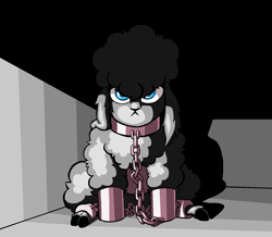 Size: 1548x1348 | Tagged: safe, artist:greatspacebeaver, derpibooru import, oc, oc:prey, lamb, sheep, fanfic:prey and a lamb, angry, cell, collar, dreverton, fanfic art, prison, prisoner, shackles