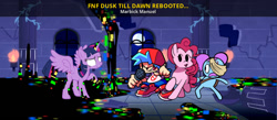 Size: 1000x436 | Tagged: safe, artist:jakeneutron, artist:rainbrony, derpibooru import, pinkie pie, twilight sparkle, twilight sparkle (alicorn), alicorn, earth pony, human, pony, bandage, boyfriend, cap, castle of the royal pony sisters, clothes, crossover, error, female, friday night funkin', glitch, hair bun, hat, horn, male, mare, microphone, moon, night, pants, pibby, raised hoof, raised leg, shirt, shocked, shoes, smiling, spread wings, text, wings