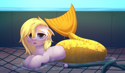 Size: 2800x1632 | Tagged: safe, alternate version, artist:dinoalpaka, derpibooru import, oc, oc only, oc:salmonia, merpony, belly button, female, fins, fishing boat, fishing net, gasping, hose, solo, tail, tail fin, wet, wet mane