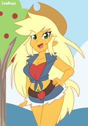 Size: 1280x1815 | Tagged: safe, artist:lirudraw, derpibooru import, applejack, equestria girls, applejack's hat, applerack, breasts, clothes, cowboy hat, eyebrows, eyebrows visible through hair, hand on hip, hat, looking at you, midriff, open mouth, open smile, shorts, signature, smiling, smiling at you, solo