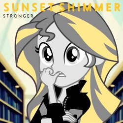 Size: 1068x1068 | Tagged: safe, derpibooru import, edit, edited screencap, screencap, sunset shimmer, equestria girls, album, album cover, kelly clarkson, singer, singing, stronger