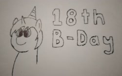 Size: 3636x2273 | Tagged: safe, artist:valuable ashes, derpibooru import, oc, oc:technical writings, pony, unicorn, birthday, hat, party hat, solo, traditional art