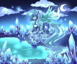 Size: 1200x1000 | Tagged: safe, artist:aquagalaxy, derpibooru import, oc, oc only, oc:sapphire crescent, pegasus, pony, crystal, night, pond, solo, water