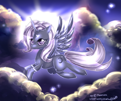 Size: 1200x1000 | Tagged: safe, artist:aquagalaxy, derpibooru import, oc, oc only, oc:night glow, alicorn, pony, alicorn oc, flying, horn, solo, wings