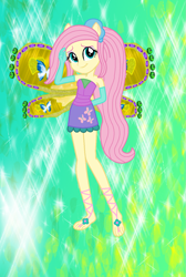 Size: 913x1361 | Tagged: safe, artist:ketrin29, artist:user15432, derpibooru import, fluttershy, human, equestria girls, alternate hairstyle, bare shoulders, barefoot, barely eqg related, base used, clothes, crossover, cutie mark on clothes, dress, enchantix, fairy, fairy wings, fairyized, feet, gloves, green background, hand behind back, leaves, long gloves, long hair, looking at you, ponied up, ponytail, purple dress, simple background, sparkly background, strapless, wings, winx, winx club, winxified, yellow wings