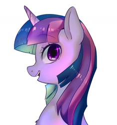 Size: 1400x1489 | Tagged: safe, artist:hosikawa, derpibooru import, twilight sparkle, pony, bust, female, horn, looking at you, looking sideways, mare, open mouth, open smile, portrait, profile, side view, simple background, smiling, smiling at you, solo, white background