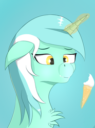 Size: 972x1316 | Tagged: safe, artist:drakang, derpibooru import, lyra heartstrings, pony, unicorn, bust, chest fluff, female, food, ice cream, looking at someone, magic, mare, portrait, sketch, smiling, solo