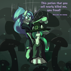 Size: 1860x1860 | Tagged: safe, artist:triplesevens, derpibooru import, oc, oc only, oc:coven, earth pony, pony, dialogue, duo, face paint, falling, hat, male, mushroom, potion, unshorn fetlocks, witch hat