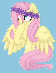 Size: 1251x1617 | Tagged: safe, artist:scarecrowkitty, derpibooru import, fluttershy, pegasus, pony, blue background, chromatic aberration, cute, eye clipping through hair, floral head wreath, flower, simple background, sitting, smiling, solo, spread wings, wings