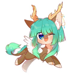 Size: 410x410 | Tagged: safe, artist:dreamsugar, derpibooru import, oc, oc only, deer, pegasus, pony, reindeer, chibi, commission, eye clipping through hair, leonine tail, looking at you, one eye closed, simple background, tail, tongue, tongue out, white background, wings