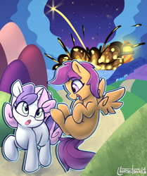 Size: 1130x1352 | Tagged: safe, artist:llametsul, derpibooru import, scootaloo, sweetie belle, trixie, pegasus, pony, unicorn, atg 2022, cloud, duo, duo focus, explosion, female, filly, flying, foal, looking at each other, looking at someone, newbie artist training grounds, open mouth, open smile, signature, sleeping, smiling, stars, talking, walking