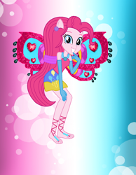 Size: 1098x1412 | Tagged: safe, artist:ketrin29, artist:magical-mama, artist:user15432, derpibooru import, pinkie pie, human, equestria girls, alternate hairstyle, barefoot, barely eqg related, base used, blue background, clothes, crossover, cutie mark on clothes, dress, ear piercing, earring, enchantix, fairy, fairy wings, fairyized, feet, finger to mouth pose, gloves, gradient background, hand on knee, hand on leg, jewelry, long gloves, long hair, looking at you, piercing, pink background, pink dress, pink wings, ponied up, simple background, smiling, sparkly background, wings, winx, winx club, winxified