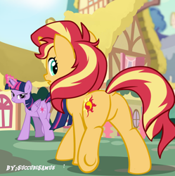 Size: 1250x1257 | Tagged: safe, artist:succubi samus, derpibooru import, edit, editor:gmaplay, sunset shimmer, twilight sparkle, twilight sparkle (alicorn), alicorn, pony, unicorn, bacon hair, bedroom eyes, butt, cute, cutie mark, featureless crotch, female, females only, glowing, horn, house, lesbian, looking back, magic, mare, plot, ponyville, raised hoof, raised leg, shipping, show accurate, sign, sunset shimmer day, sunsetsparkle, surprised, teasing