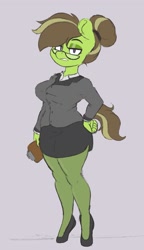 Size: 827x1437 | Tagged: safe, artist:somefrigginnerd, derpibooru import, oc, oc only, oc:honeydew, anthro, earth pony, unguligrade anthro, anthro oc, big breasts, breasts, business suit, businessmare, busty oc, clipboard, clothes, eyeshadow, female, glasses, hair bun, lidded eyes, looking at you, makeup, mare, simple background, skirt, skirt suit, solo, white background