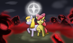 Size: 1182x708 | Tagged: safe, artist:scootieloo, derpibooru import, apple bloom, oc, oc:ruby (story of the blanks), earth pony, pony, female, filly, foal, story of the blanks