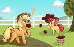 Size: 1311x830 | Tagged: safe, artist:scootieloo, derpibooru import, apple bloom, applejack, earth pony, pony, apple, apple sisters, apple tree, bucket, duo, duo female, exclamation point, female, fence, filly, foal, food, mare, mouth hold, open mouth, open smile, siblings, sisters, smiling, tree, waving