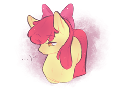 Size: 2160x1620 | Tagged: safe, artist:misterhappysad, derpibooru import, apple bloom, earth pony, pony, ..., eye clipping through hair, eyebrows, eyebrows visible through hair, female, filly, foal, simple background, solo, white background