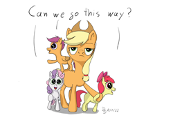 Size: 1200x849 | Tagged: safe, artist:darkdabula, derpibooru import, apple bloom, applejack, scootaloo, sweetie belle, earth pony, pegasus, pony, unicorn, applejack is not amused, atg 2022, cutie mark crusaders, dialogue, female, filly, foal, mare, newbie artist training grounds, simple background, unamused, white background