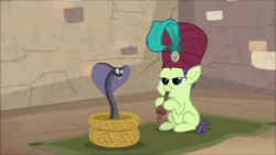 Size: 600x338 | Tagged: safe, derpibooru import, screencap, cucumber seed, rumble, cobra, earth pony, pegasus, pony, snake, marks and recreation, animated, basket, blank flanks forever, cartoon physics, colt, duo, duo male, foal, gif, male, snake charmin' flute, snake charming, think of the life you have