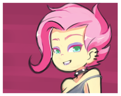 Size: 1280x1012 | Tagged: safe, artist:drantyno, derpibooru import, fluttershy, better together, equestria girls, the road less scheduled, alternate hairstyle, bust, chromatic aberration, clothes, collar, ear piercing, earring, flutterpunk, jewelry, looking at you, off shoulder, open mouth, open smile, piercing, portrait, punk, red background, simple background, smiling, solo, spiked collar