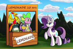 Size: 1280x854 | Tagged: safe, artist:littletigressda, derpibooru import, peewee, rarity, spike, dragon, phoenix, pony, unicorn, cloud, grass, lemonade stand, sign, tree, trio