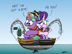 Size: 1024x775 | Tagged: safe, artist:bobthedalek, derpibooru import, firelight, starlight glimmer, pony, unicorn, atg 2022, boat, dialogue, duo, duo male and female, father and child, father and daughter, female, fishing, fishing hook, fishing rod, glowing, glowing horn, hat, hook, horn, lifejacket, magic, male, mare, newbie artist training grounds, parent and child, stallion, telekinesis, thermos, this will not end well