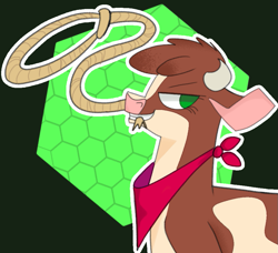 Size: 899x821 | Tagged: safe, artist:uselessgarbage, derpibooru import, arizona cow, cow, them's fightin' herds, community related, female, green background, grin, lasso, looking at you, rope, side view, simple background, smiling, solo