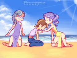 Size: 1280x960 | Tagged: safe, artist:drantyno, derpibooru import, diamond tiara, pipsqueak, silver spoon, human, equestria girls, armlet, beach, bracelet, equestria girls-ified, female, human coloration, jewelry, lens flare, male, pipsqueak gets all the mares