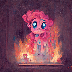 Size: 1024x1024 | Tagged: safe, derpibooru import, generator:midjourney, machine learning generated, pinkie pie, crying, fire, solo