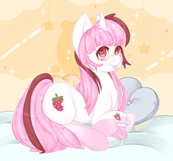 Size: 2000x1852 | Tagged: safe, artist:cartel_evision, artist:cartelevision, derpibooru import, oc, oc only, unicorn, :p, bed, blushing, heart, heart eyes, lying down, milkshake, multicolored hair, pillow, smiling, solo, tongue, tongue out, wingding eyes