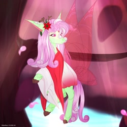 Size: 1280x1280 | Tagged: safe, artist:hoochuu, derpibooru import, oc, oc only, flutter pony, pony, butterfly wings, clothes, commission, flower, flower in hair, flying, kimono (clothing), outdoors, solo, tree, wings, ych result