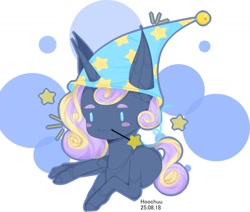 Size: 1280x1085 | Tagged: safe, artist:hoochuu, derpibooru import, oc, oc only, earth pony, pony, abstract background, artificial wings, augmented, blush sticker, blushing, commission, earth pony oc, hat, lying down, magic, magic wings, mouth hold, nightcap, prone, simple background, solo, white background, wings, ych result