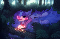 Size: 1280x835 | Tagged: safe, artist:astralblues, derpibooru import, oc, oc only, pegasus, pony, clothes, dappled sunlight, eye clipping through hair, forest, hoodie, looking at you, lying down, one eye closed, pegasus oc, prone, signature, smiling, smiling at you, socks, solo, unnamed oc, wink, winking at you