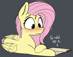 Size: 3204x2522 | Tagged: safe, artist:pinkberry, derpibooru import, fluttershy, pegasus, pony, blushing, book, colored, fanfic, female, gray background, implied human, lounging, lying, lying down, mare, on floor, prone, reading, simple background