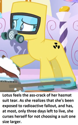 Size: 872x1390 | Tagged: safe, derpibooru import, edit, edited screencap, screencap, lotus blossom, earth pony, pony, she's all yak, female, foam, hazmat suit, imminent death, op is a cuck, ponestrip, radiation, solo, text, this will end in pain and/or death, wat