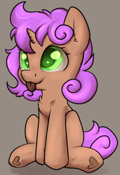 Size: 1408x2056 | Tagged: safe, artist:dumbwoofer, derpibooru import, oc, oc only, oc:bristlecone, pony, unicorn, :p, chest fluff, ear fluff, ears, female, filly, foal, heart, heart hoof, simple background, sitting, solo, tongue, tongue out, underhoof