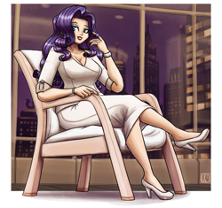 Size: 2125x2000 | Tagged: safe, artist:king-kakapo, derpibooru import, part of a set, rarity, human, bracelet, chair, city, clothes, dress, female, high heels, humanized, jewelry, looking at you, night, playing with hair, shoes, sitting, skyscraper, solo, window