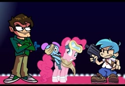 Size: 567x391 | Tagged: safe, derpibooru import, pinkie pie, earth pony, human, pony, :o, bag, boyfriend (friday night funkin), clothes, devious smile, eduardo (eddsworld), friday night funkin', goggles, gun, happy, night, open mouth, pibby, riding a pony, scarf, serious, serious face, shoes, smiling, smirk, surprised, weapon