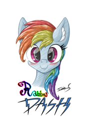 Size: 3508x4961 | Tagged: safe, artist:memprices, derpibooru import, rainbow dash, pegasus, pony, blushing, bust, colorful, cute, dashabetes, digital art, high res, looking at you, pencil drawing, simple background, smiling, solo, traditional art, white background