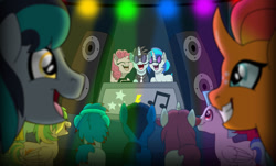 Size: 1024x620 | Tagged: safe, artist:faitheverlasting, derpibooru import, dj pon-3, neon lights, pinkie pie, rising star, vinyl scratch, oc, oc:animatedjames, oc:blackgryph0n, oc:eilemonty, oc:littleshyfim, oc:saberspark, oc:the living tombstone, oc:wooden toaster, earth pony, pegasus, pony, unicorn, 2020, eilemonty, pony rock anthem