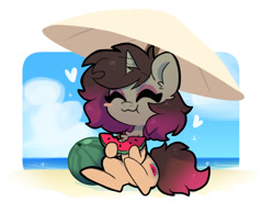 Size: 1551x1200 | Tagged: safe, artist:colorfulcolor233, derpibooru import, oc, oc only, oc:woonie, pony, unicorn, :3, ^^, beach, beach umbrella, blush sticker, blushing, eating, eyes closed, food, heart, solo, watermelon