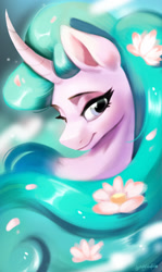 Size: 1560x2611 | Tagged: safe, artist:colorfulcolor233, derpibooru import, mistmane, pony, unicorn, curved horn, flower, flower in hair, horn, solo