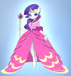 Size: 2160x2321 | Tagged: safe, artist:tomi_ouo, derpibooru import, rarity, anthro, unicorn, bracelet, clothes, dress, ear piercing, female, jewelry, looking at you, piercing, smiling, smiling at you, solo, staff, tiara