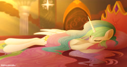 Size: 4096x2160 | Tagged: safe, artist:tomi_ouo, derpibooru import, princess celestia, alicorn, pony, commission, eyes closed, female, high res, lying down, mare, pillow, solo