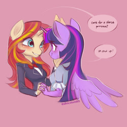 Size: 2000x2000 | Tagged: safe, artist:tomi_ouo, derpibooru import, sunset shimmer, twilight sparkle, twilight sparkle (alicorn), alicorn, anthro, unicorn, bowtie, clothes, cute, duo, female, holding hands, lesbian, looking at each other, looking at someone, pink background, shimmerbetes, shipping, simple background, speech bubble, suit, sunsetsparkle, twiabetes